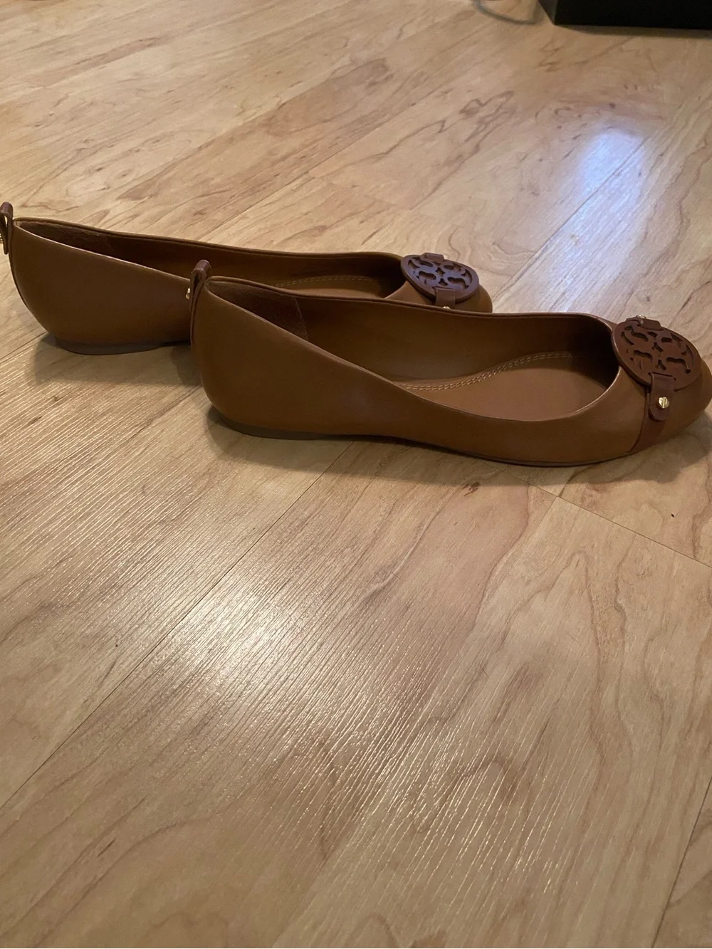 Tory Burch Cognac Leather Logo Ballet Flats